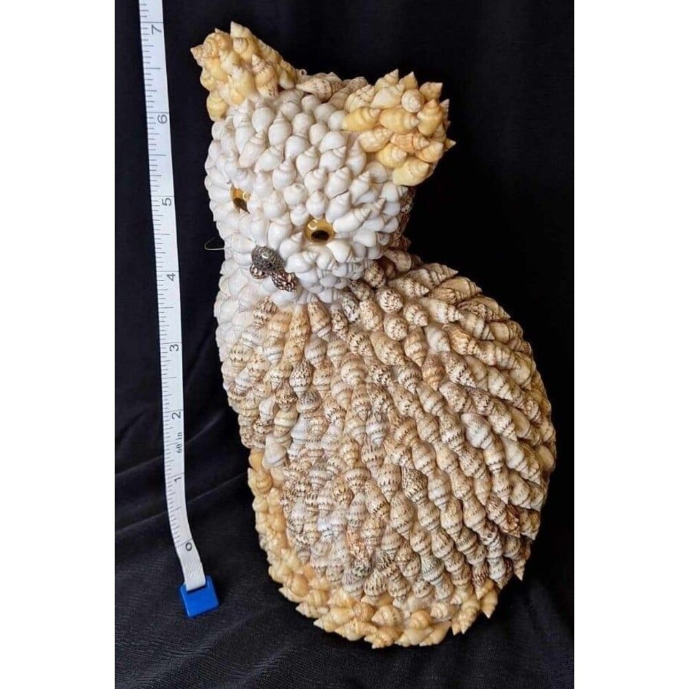 Cat Figurine with Seashells, Unique 7" Cat Decor Shell